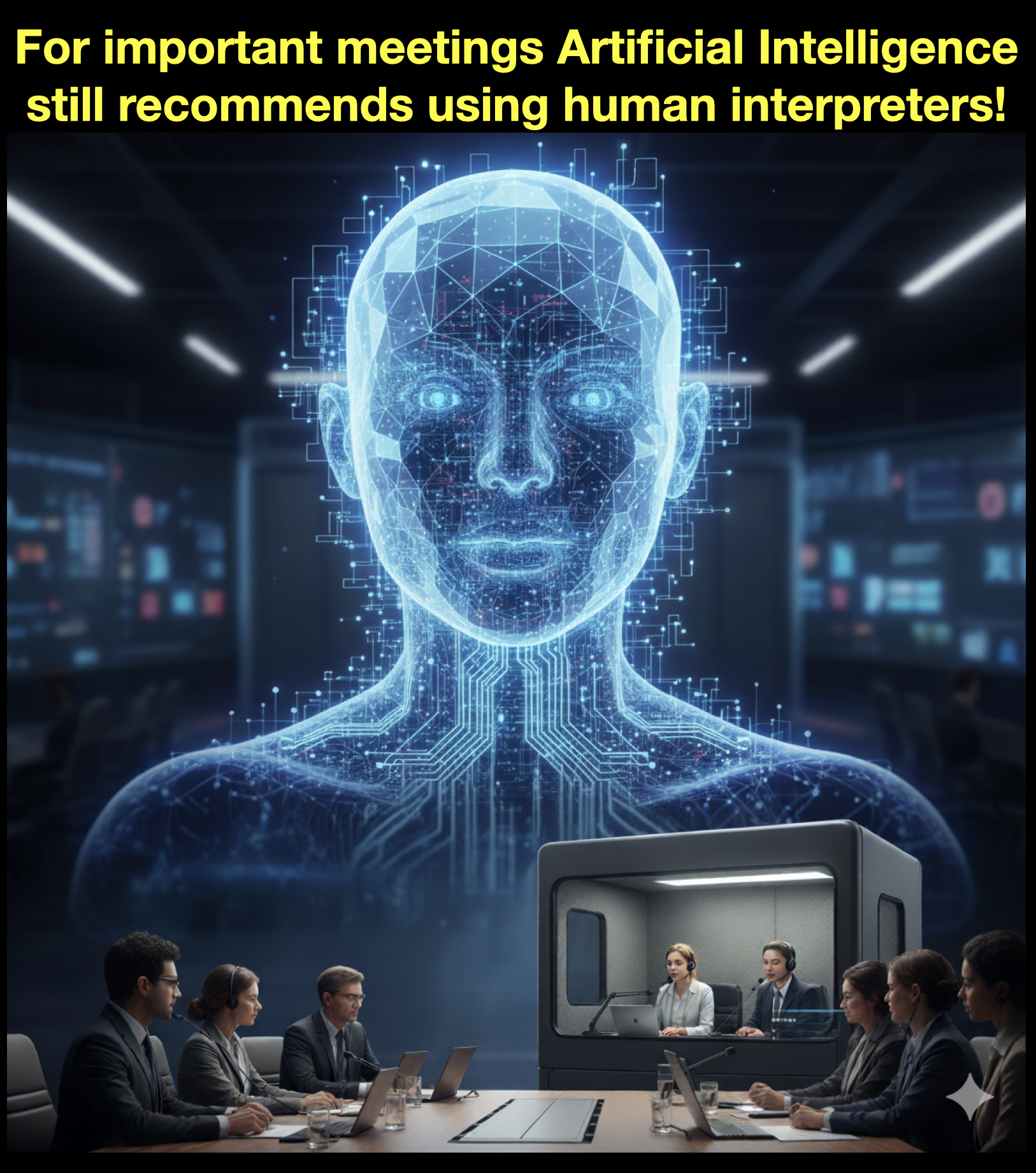 AI recommends humans Image shows a representation of AI over a meeting with human interpreters in a booth.